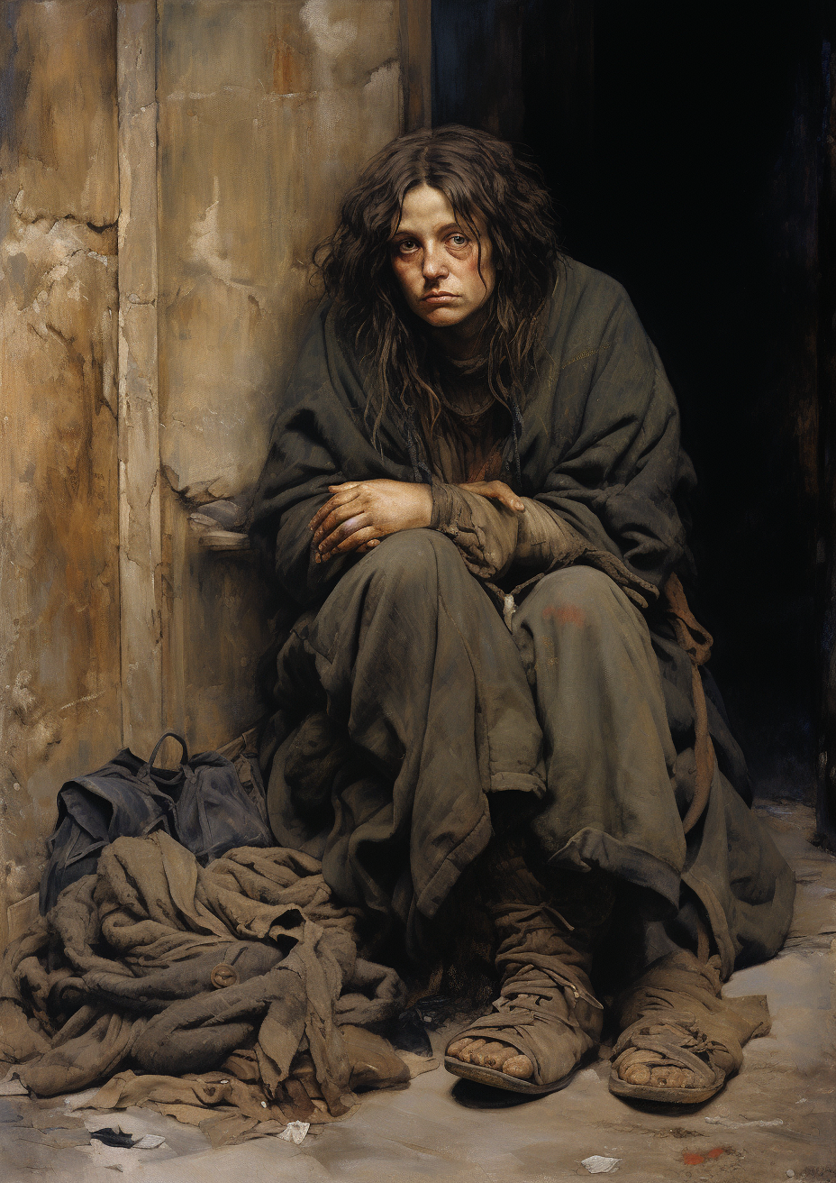 AI generated: Midjourney prompt: Mona Lisa homeless, begging on street,1900-1917 -- (Midjourney - Photography)