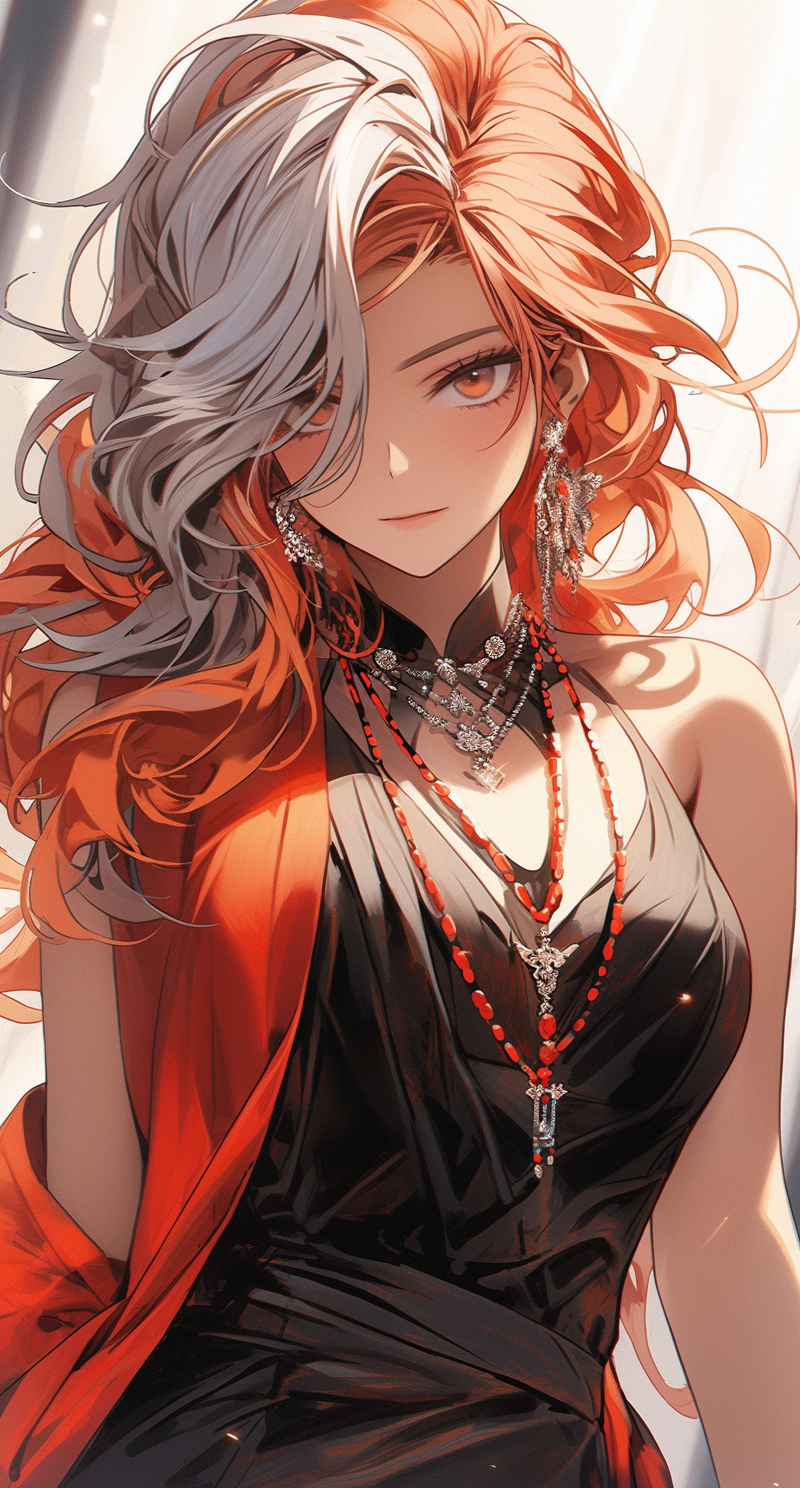 AI generated: Midjourney prompt: photograph of dark red hair, black dress, silver h... (Midjourney - Anime)