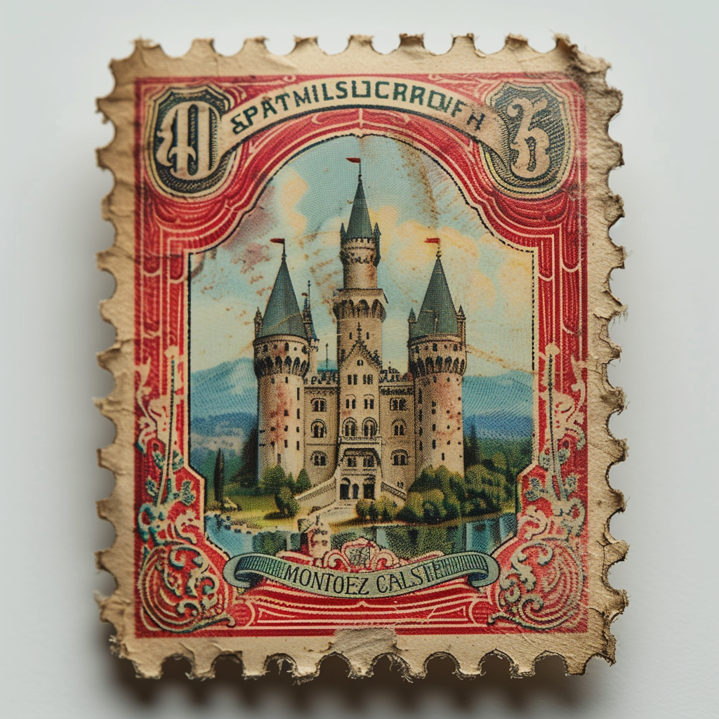 Midjourney prompt: vintage postage stamp, castle, white background, 4... - Midjourney