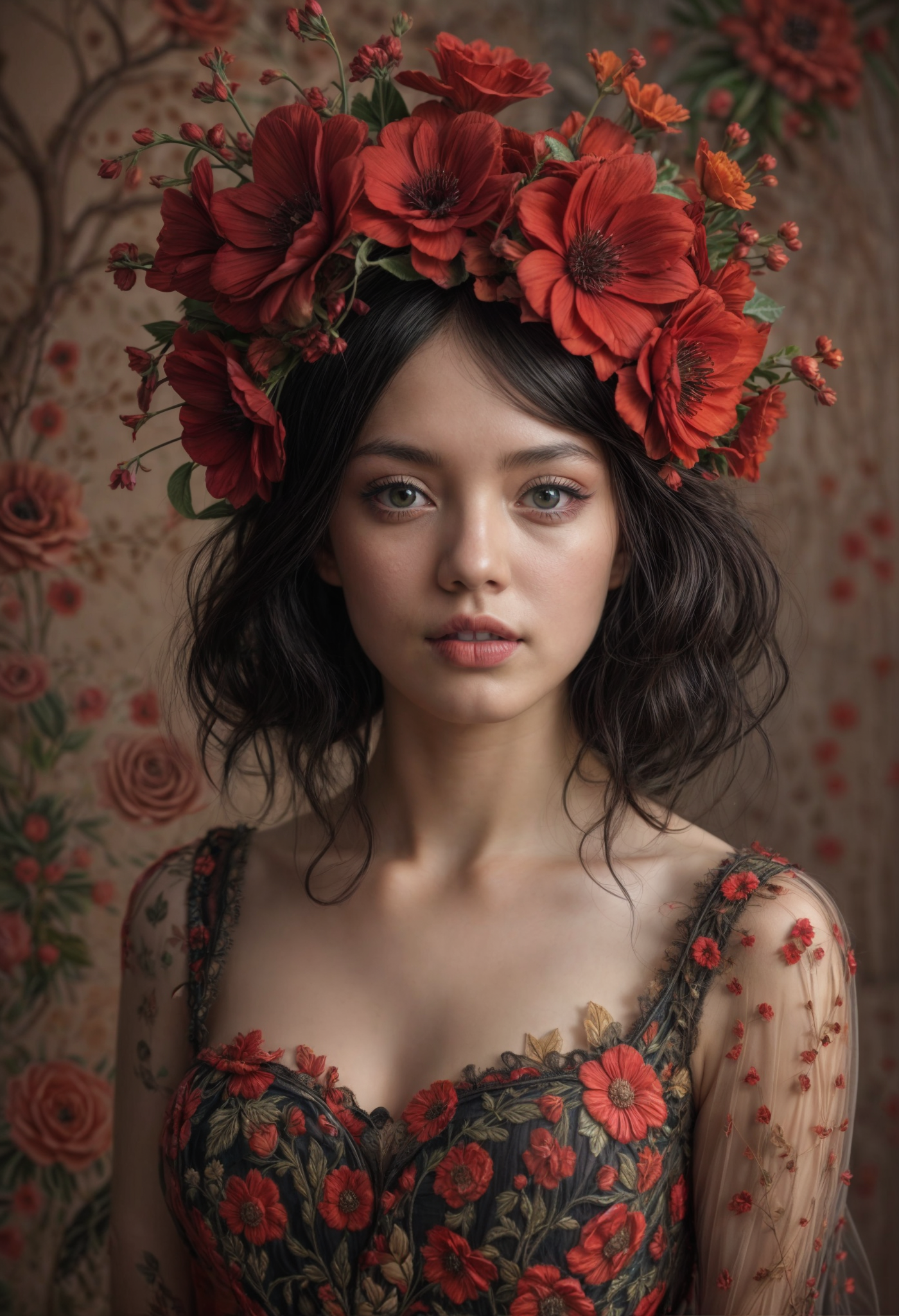 AI generated: Stable Diffusion prompt: Porcelain woman with black hair, red flowers on he... (Stable Diffusion - Portraits)