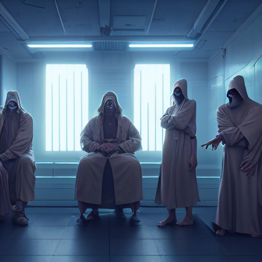 Stable Diffusion prompt: Cultists in robes in a cyberpunk...