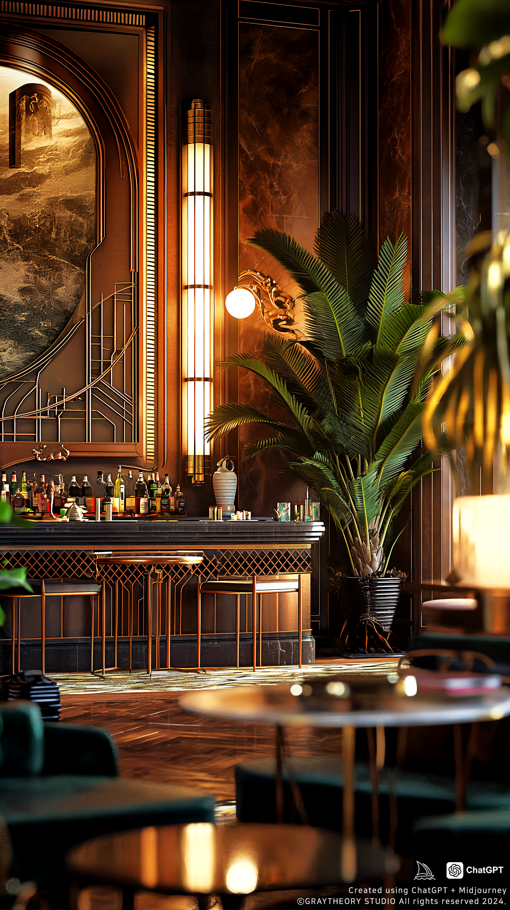 AI generated: Midjourney prompt: cinematic, candid shot, a luxurious Art Deco loung... (Midjourney - Interior Design)