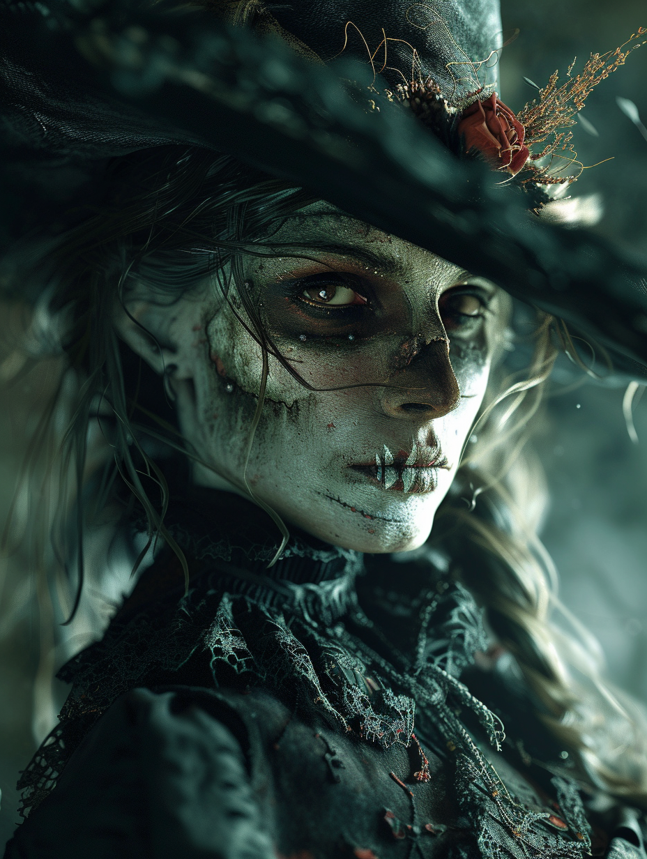 AI generated: Midjourney prompt: the vampire witch with hat and skeleton looking, i... (Midjourney - Food & Drink)