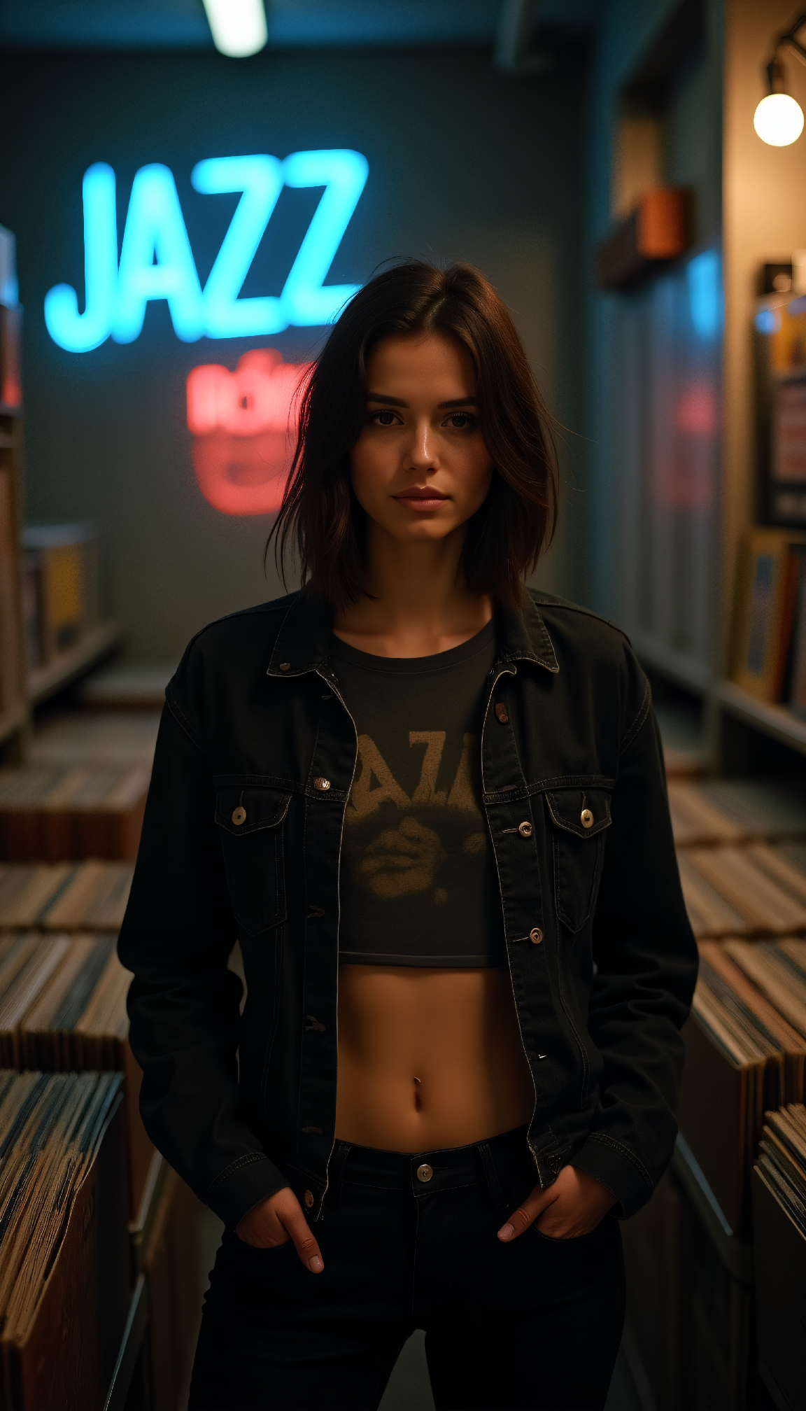 صورة مولدة بالذكاء الاصطناعي: FLUX prompt: A half-body portrait in Jarmusch's nocturnal style... (نموذج FLUX - تصوير فوتوغرافي)