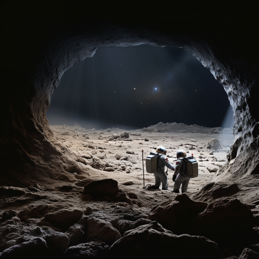 AI generated: Midjourney prompt: Astronauts find cave on moon (Midjourney - Concept Art)