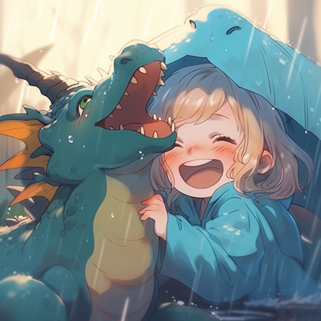 صورة مولدة بالذكاء الاصطناعي: Young girl and her dragon in the rain (نموذج Midjourney - أنمي)