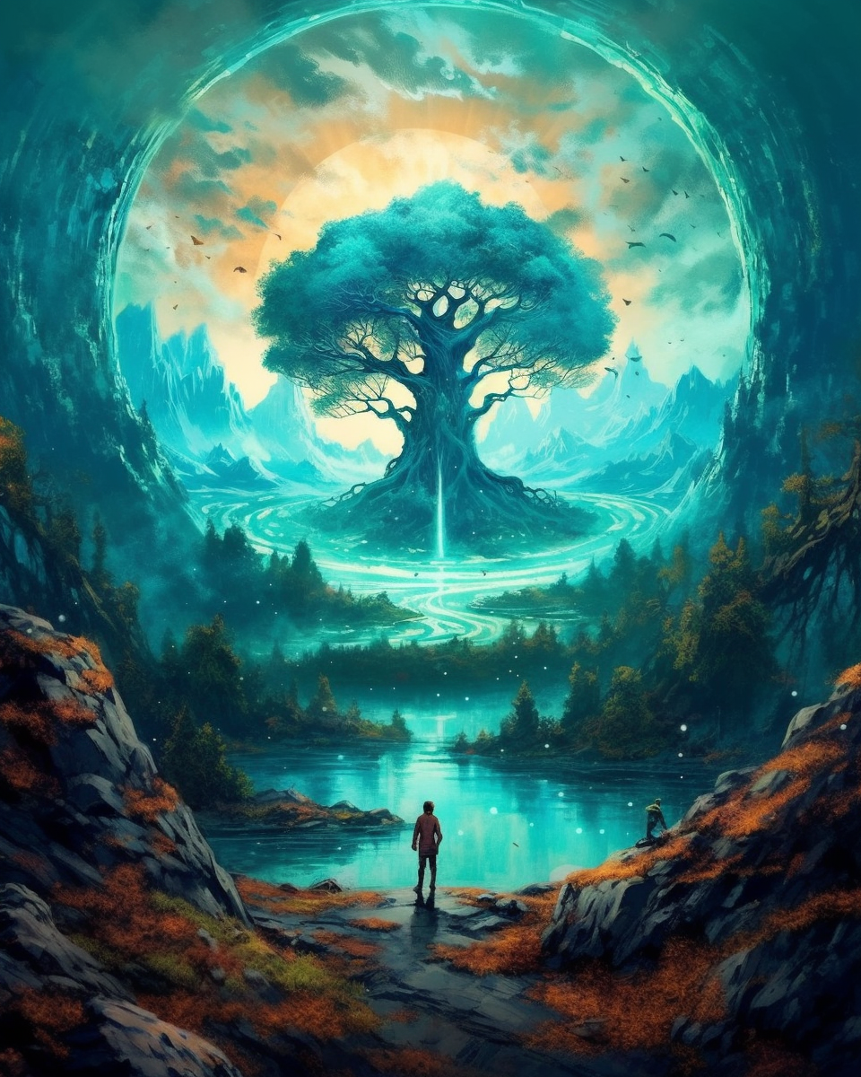 AI generated: Midjourney prompt: a large circle of a person above a tree in an imag... (Midjourney - Concept Art)
