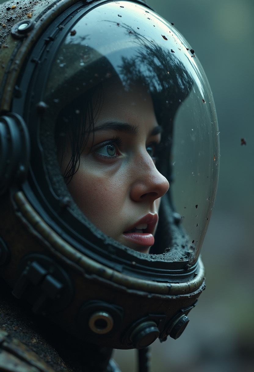 AI generated: FLUX prompt: an astrounait is looking through her helmet with a... (FLUX - Character Design)