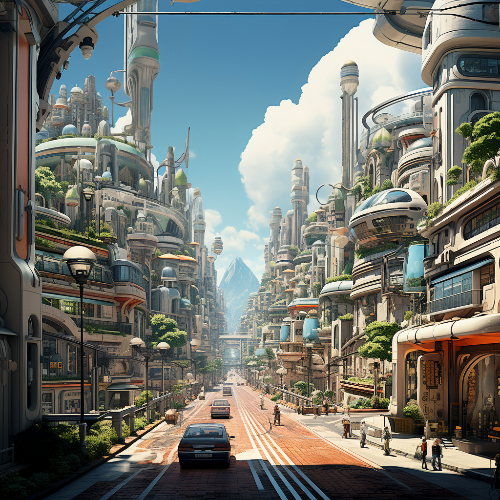 صورة مولدة بالذكاء الاصطناعي: Midjourney prompt: retrofuturism style, big city (نموذج Midjourney - عمارة وتصميم)