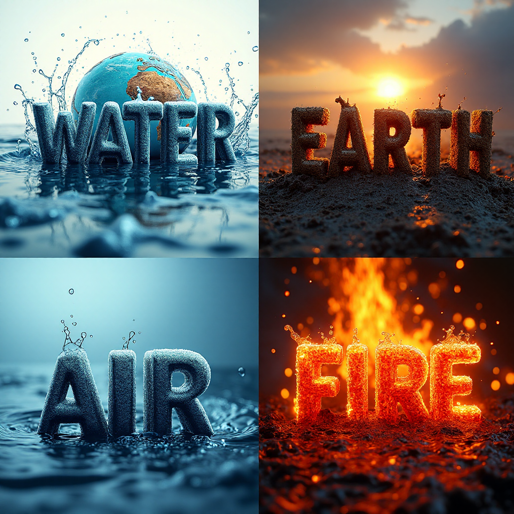 صورة مولدة بالذكاء الاصطناعي: FLUX prompt: the image show the fourth elements, each one in a ... (نموذج FLUX - فن مفاهيمي)