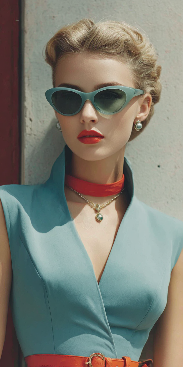 AI generated: Midjourney prompt: Woman in 1940s-style light teal dress, Caucasian,... (Midjourney - Fashion)