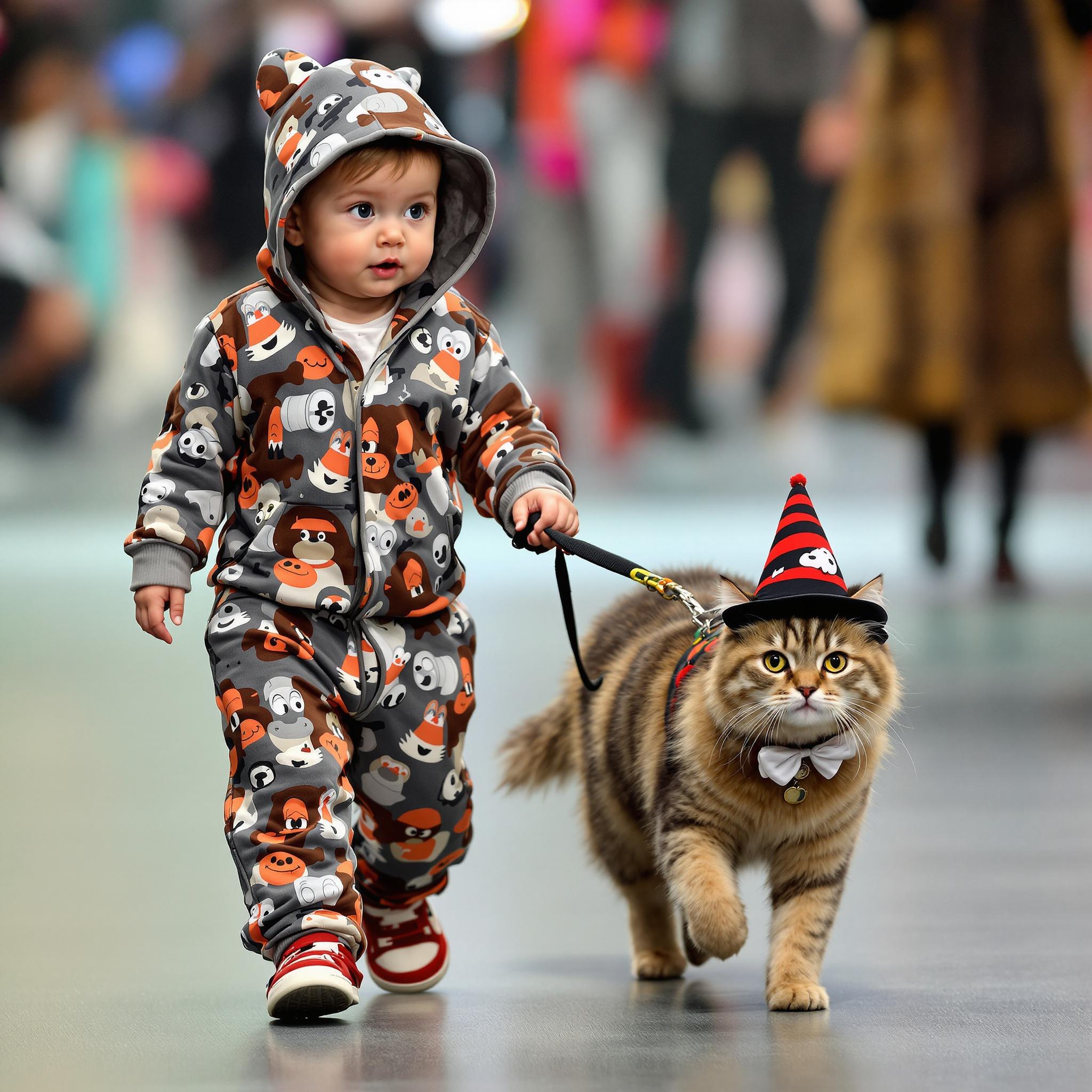 AI generated: FLUX prompt: A baby dressed in draggon pajamas leads a pet cat ... (FLUX - Fashion)