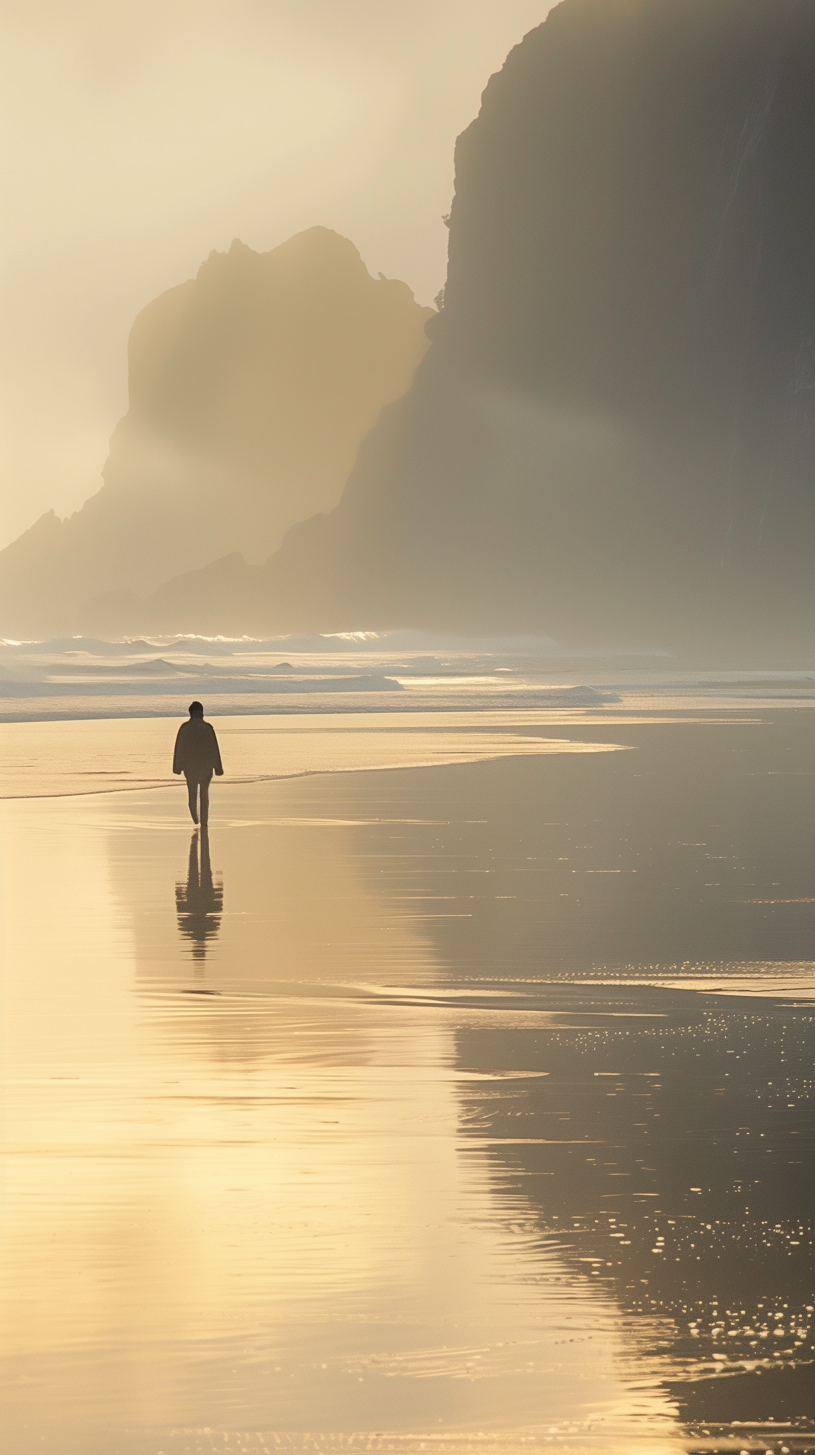 صورة مولدة بالذكاء الاصطناعي: Midjourney prompt: scene of a person walking along a beach at twiligh... (نموذج Midjourney - تصوير فوتوغرافي)