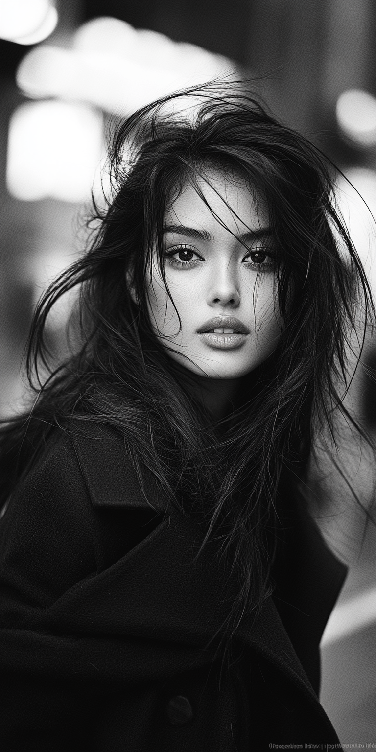AI generated: Midjourney prompt: Black-and-white street photography of a beautiful ... (Midjourney - Photography)