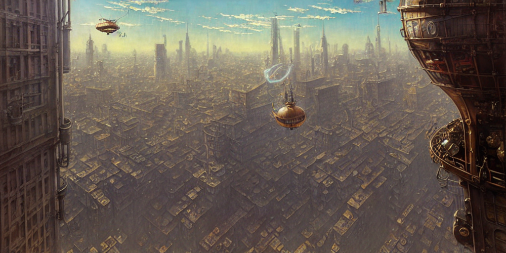 Stable Diffusion prompt: steampunk airship above a busy c...