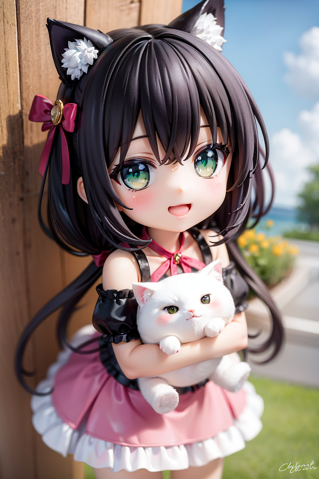 صورة مولدة بالذكاء الاصطناعي: Stable Diffusion prompt: ((chibi)), a cute cat, Green Eyes, smile, black ha (نموذج Stable Diffusion - أنمي)