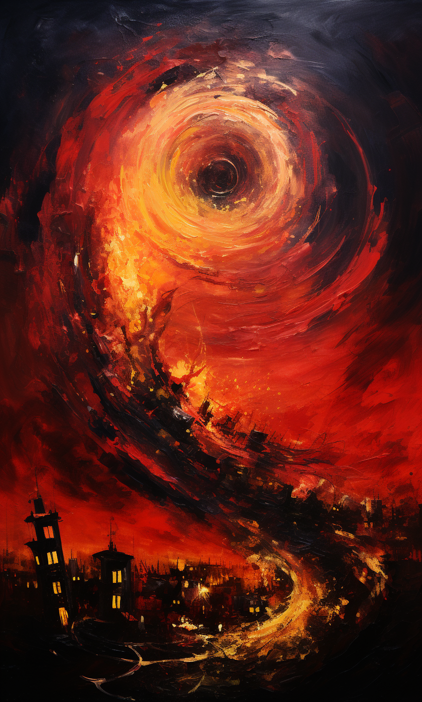 AI generated: Midjourney prompt: a painting of a tornado with a city and fires on i... (Midjourney - Photography)