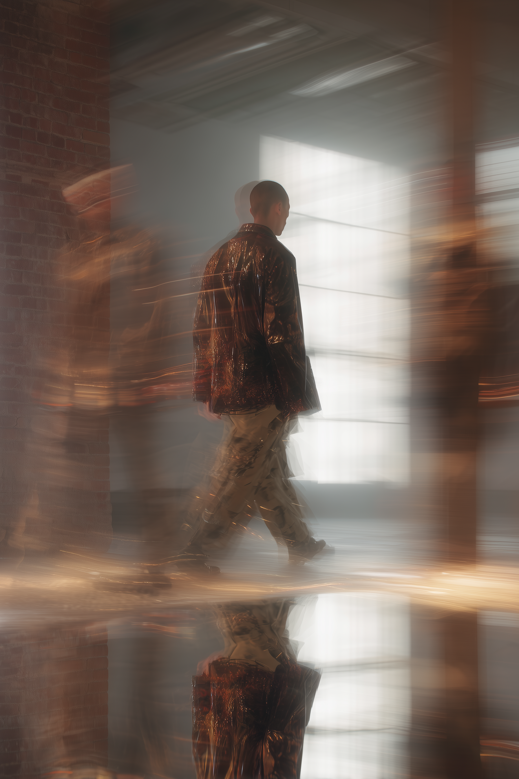 AI generated: Midjourney prompt: cinematic fashion shoot, menswear model, in a indu... (Midjourney - Fashion)