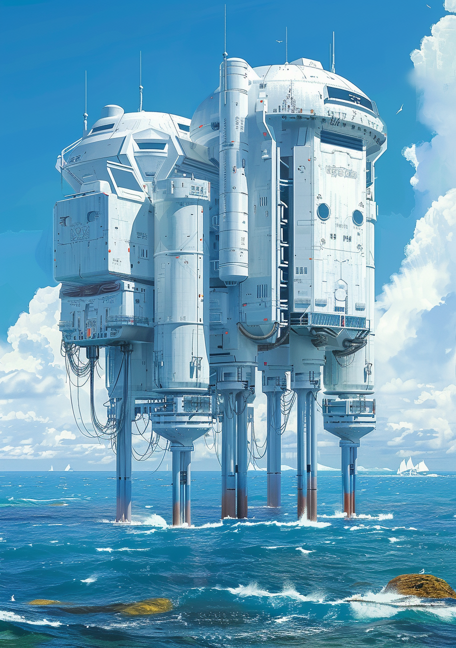 AI generated: Midjourney prompt: Futuristic white building on tall stilts in the oc... (Midjourney - Architecture)