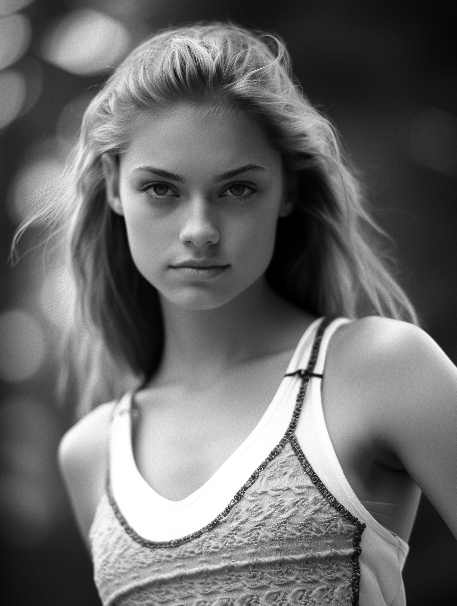AI generated: Midjourney prompt: a black and white photo of a woman in a tank top, ... (Midjourney - Photography)