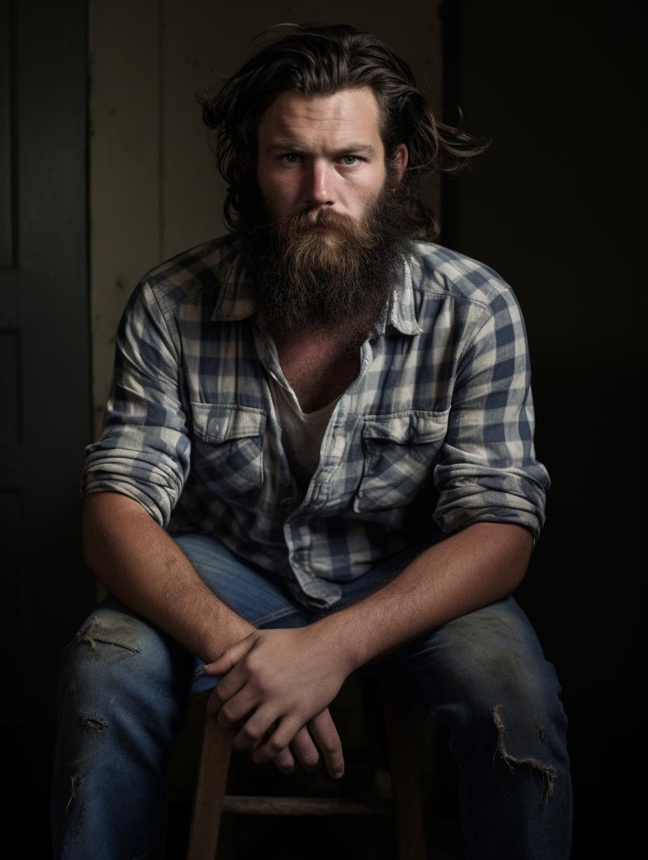 AI generated: Midjourney prompt: a man with a beard sitting on a stool, low spacial... (Midjourney - Photography)