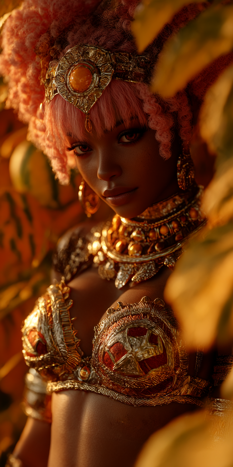 AI generated: Midjourney prompt: A stunning female figure with rich brown skin and ... (Midjourney - Fashion)