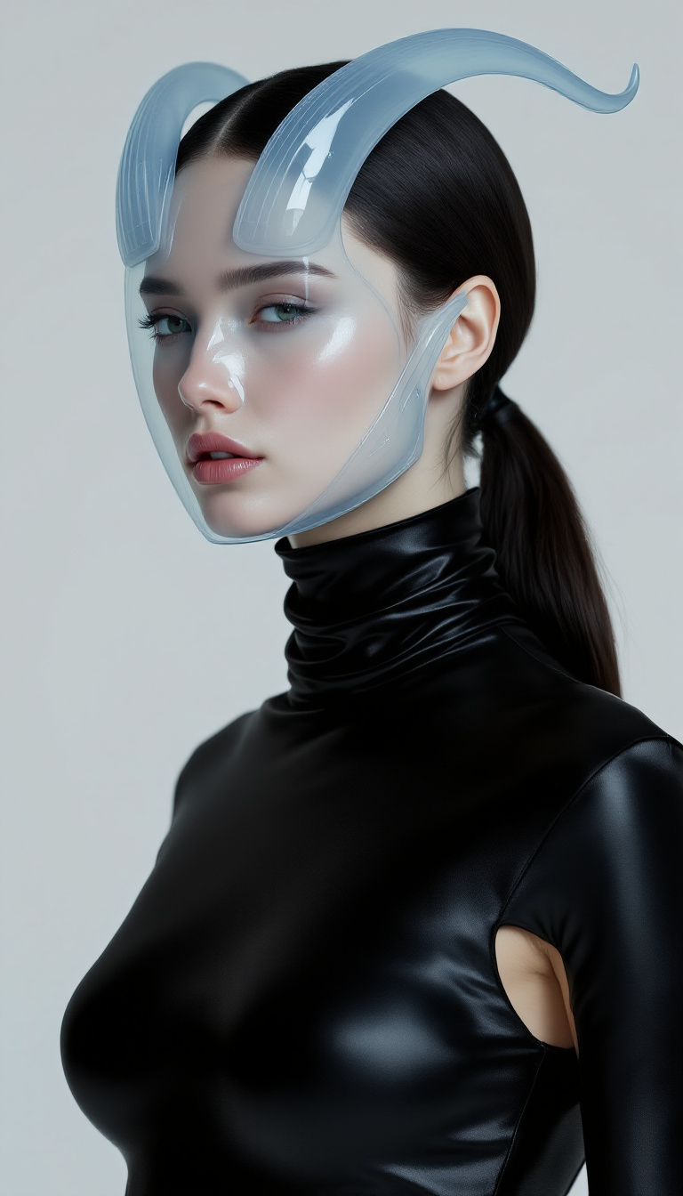 AI generated: FLUX prompt: A female model wears a sleek, black, high-necked l... (FLUX - Fashion)