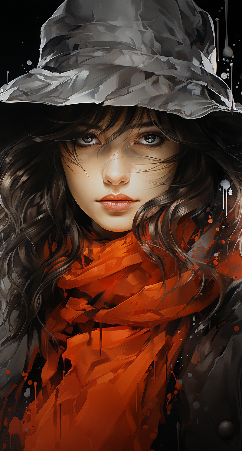 Midjourney prompt: a painting of girl with a white mask and a hat, in... - Midjourney