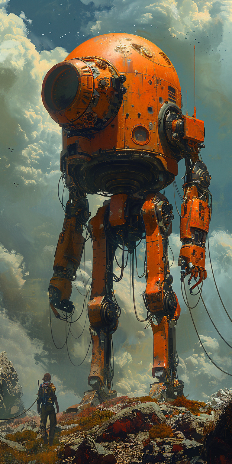 AI generated: Midjourney prompt: A giant mech with a large round head, concept art ... (Midjourney - Concept Art)