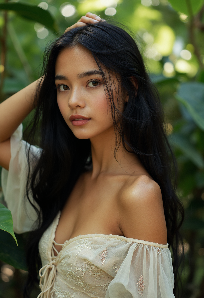 AI generated: FLUX prompt: A stunning young woman stands poised in a lush, tr... (FLUX - Portraits)