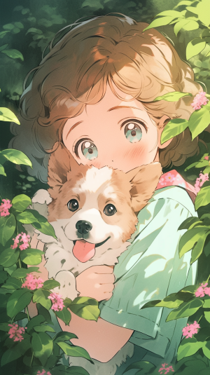 Midjourney prompt: A picture of a young girl holding a cute puppy, in... - Midjourney