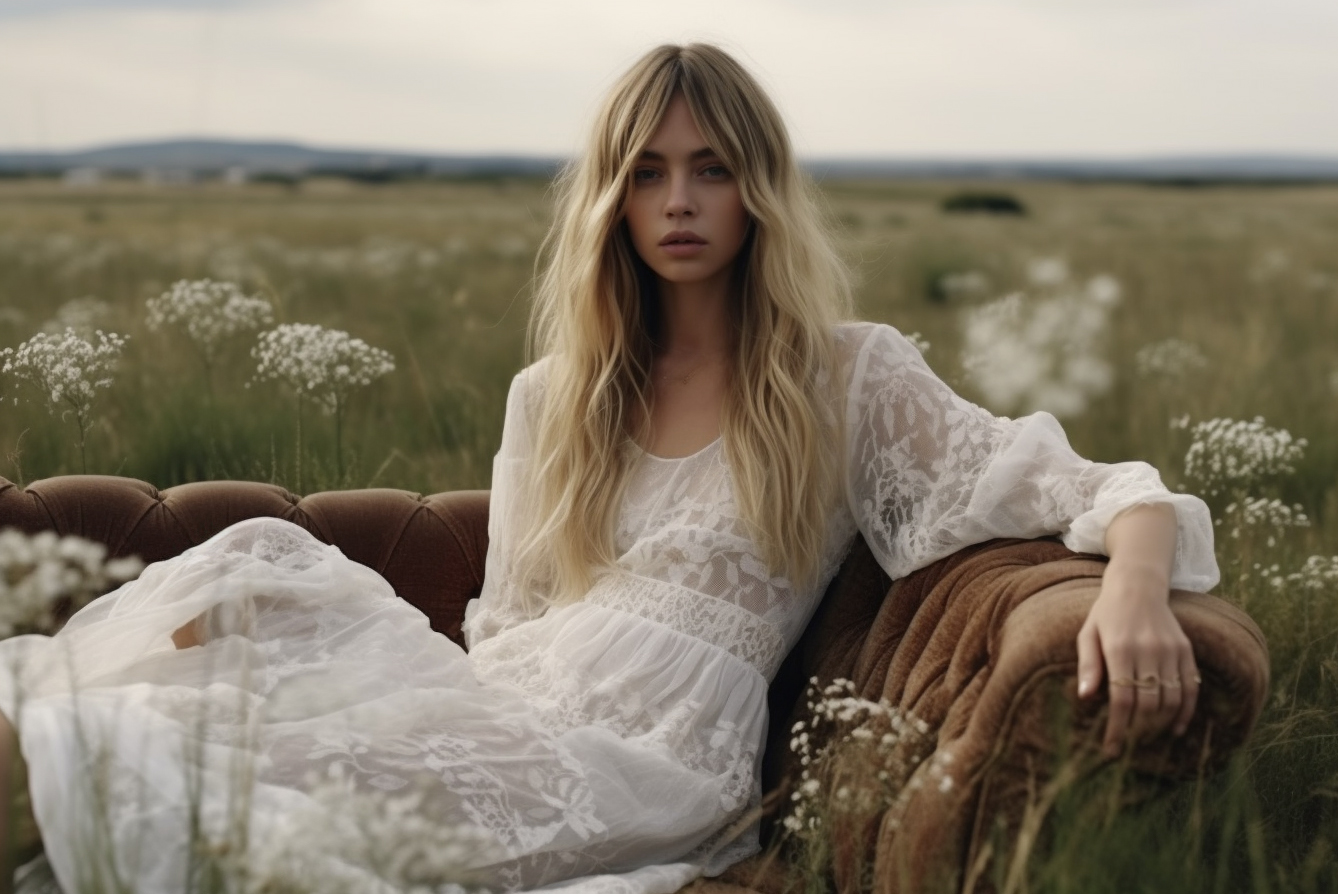 Midjourney prompt: a woman sitting on top of a couch in a field, skin... - Midjourney