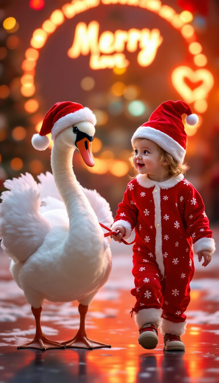 FLUX prompt: A baby girl dressed in santa claus pajamas leads a... - FLUX