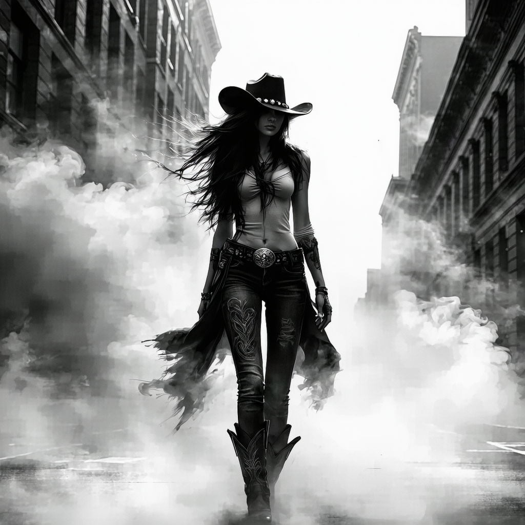 AI generated: Stable Diffusion prompt: A digital drawing of an urban cowgirl, full body, ... (Stable Diffusion - Interior Design)
