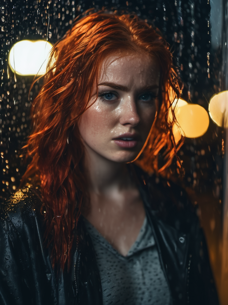 صورة مولدة بالذكاء الاصطناعي: Stable Diffusion prompt: portrait of a red-haired girl, scared and nervous,... (نموذج Stable Diffusion - تصوير فوتوغرافي)