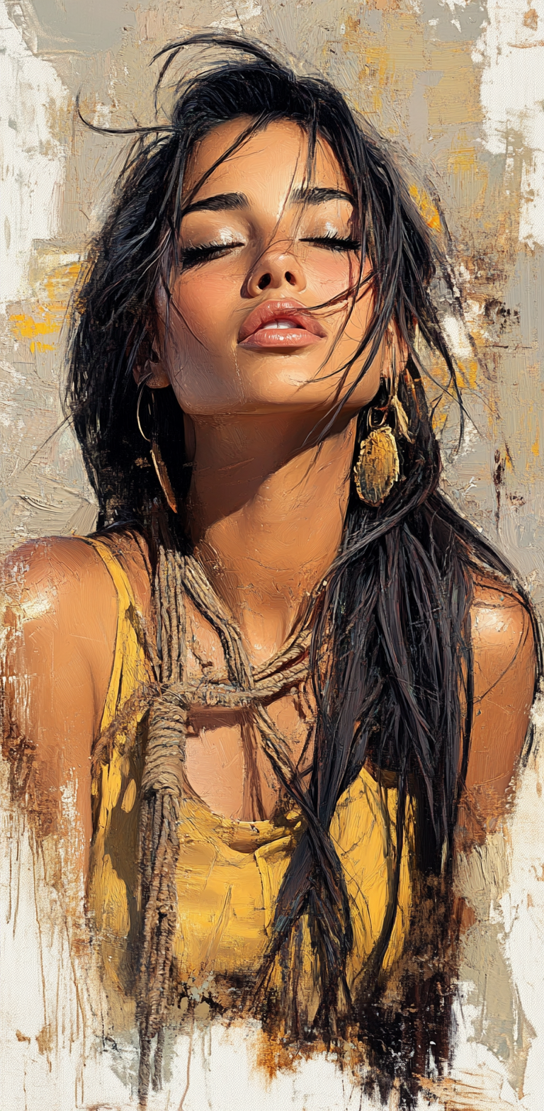 Midjourney prompt: an oil painting of a woman with long black hair, i... - Midjourney