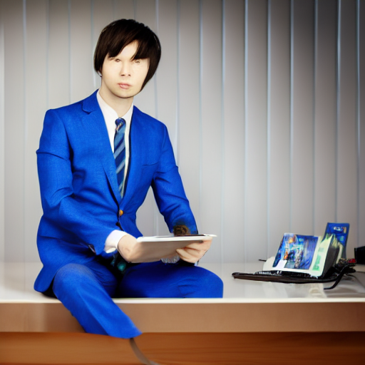 Stable Diffusion prompt: man sitting in front of desk wea...