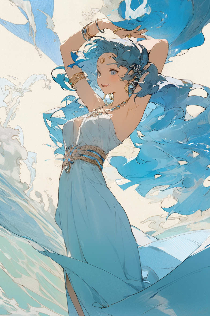 AI generated: Midjourney prompt: A playful anime dancer from the sparkling ocean wi... (Midjourney - Anime)