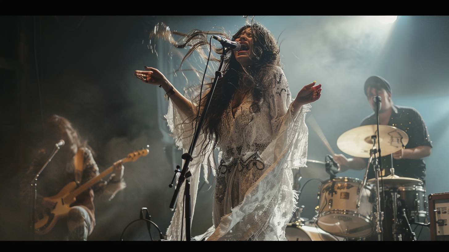 AI generated: Midjourney prompt: a gypsy woman on a concert stage singing with a lo... (Midjourney - Photography)