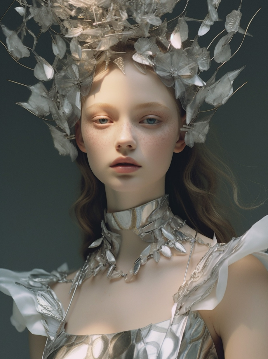 Midjourney prompt: a close up of a person wearing a silver dress, by ... - Midjourney