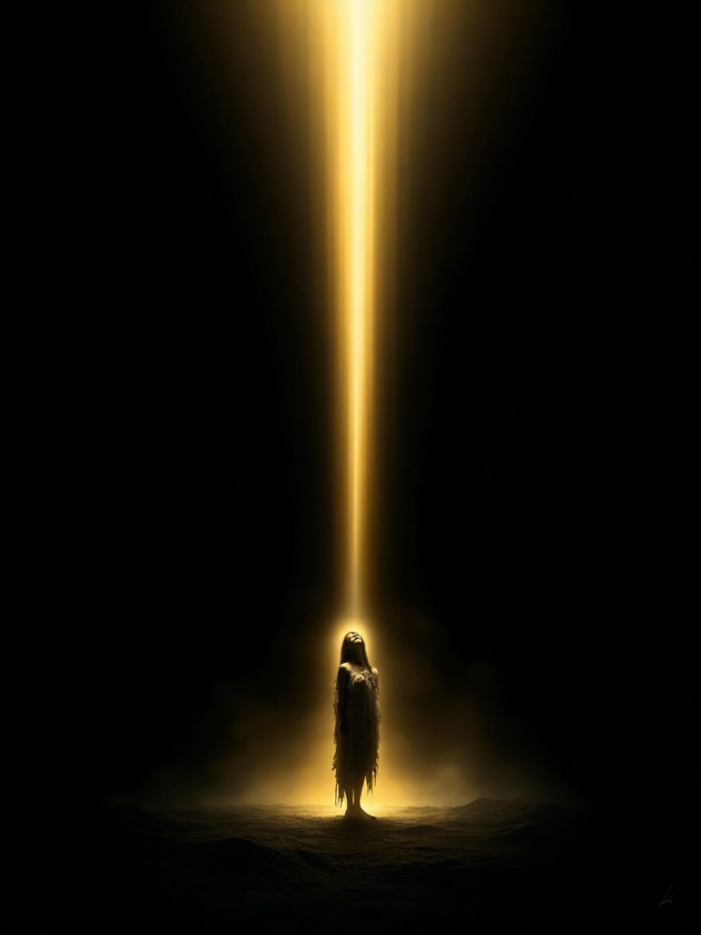 FLUX prompt: Dark fantasy scene, a small, solitary woman stands... - FLUX