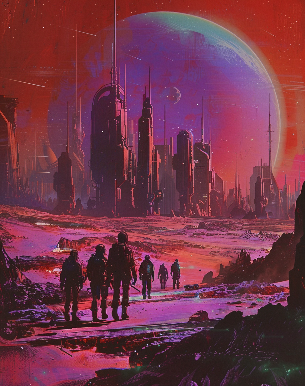 AI generated: Midjourney prompt: A group of people walking towards the distant city... (Midjourney - Concept Art)