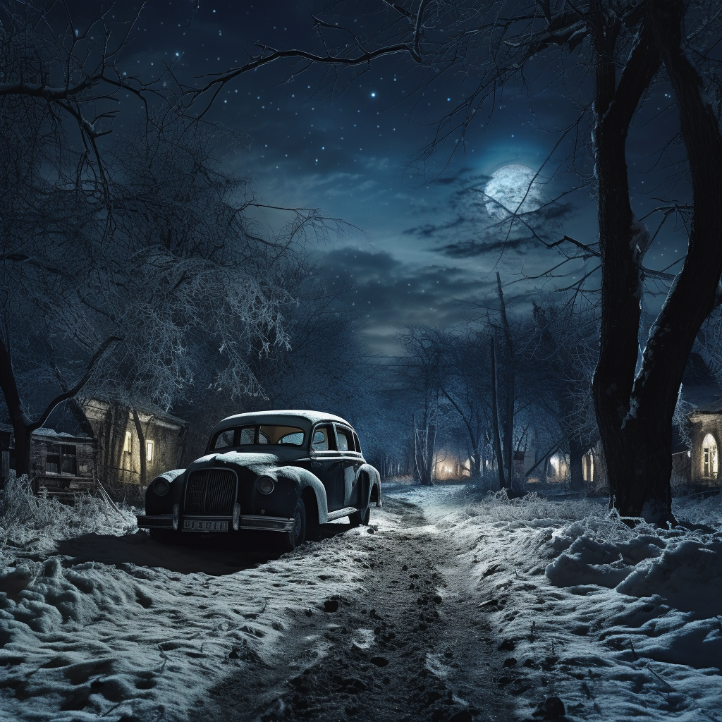 صورة مولدة بالذكاء الاصطناعي: Midjourney prompt: night view of an avenue with trees and buildings, ... (نموذج Midjourney - مناظر طبيعية)