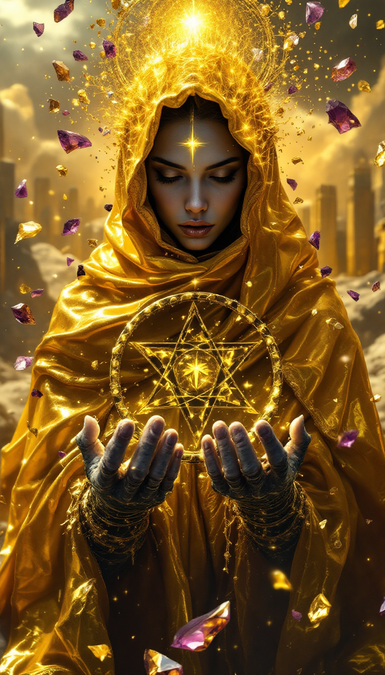 AI generated: FLUX prompt: A regal figure cloaked in a liquid gold mantle clu... (FLUX - Concept Art)