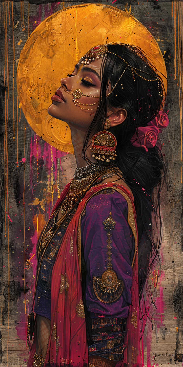 Midjourney prompt: pop art portrait of an Indian woman in traditional... - Midjourney