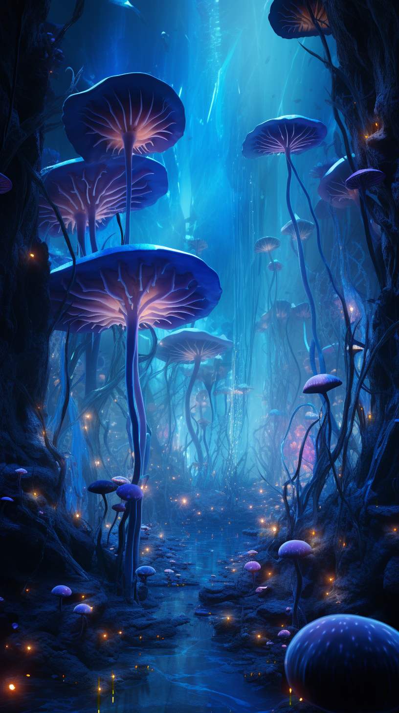 صورة مولدة بالذكاء الاصطناعي: Midjourney prompt: dense forest of magic blue giant mushrooms::2, cal... (نموذج Midjourney - مناظر طبيعية)
