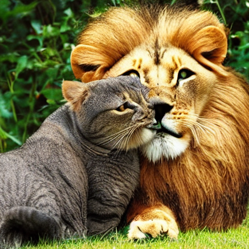 Stable Diffusion prompt: cat and lion sitting together
