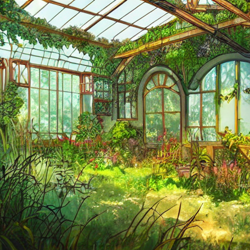 Stable Diffusion prompt: an old greenhouse overgrown with...