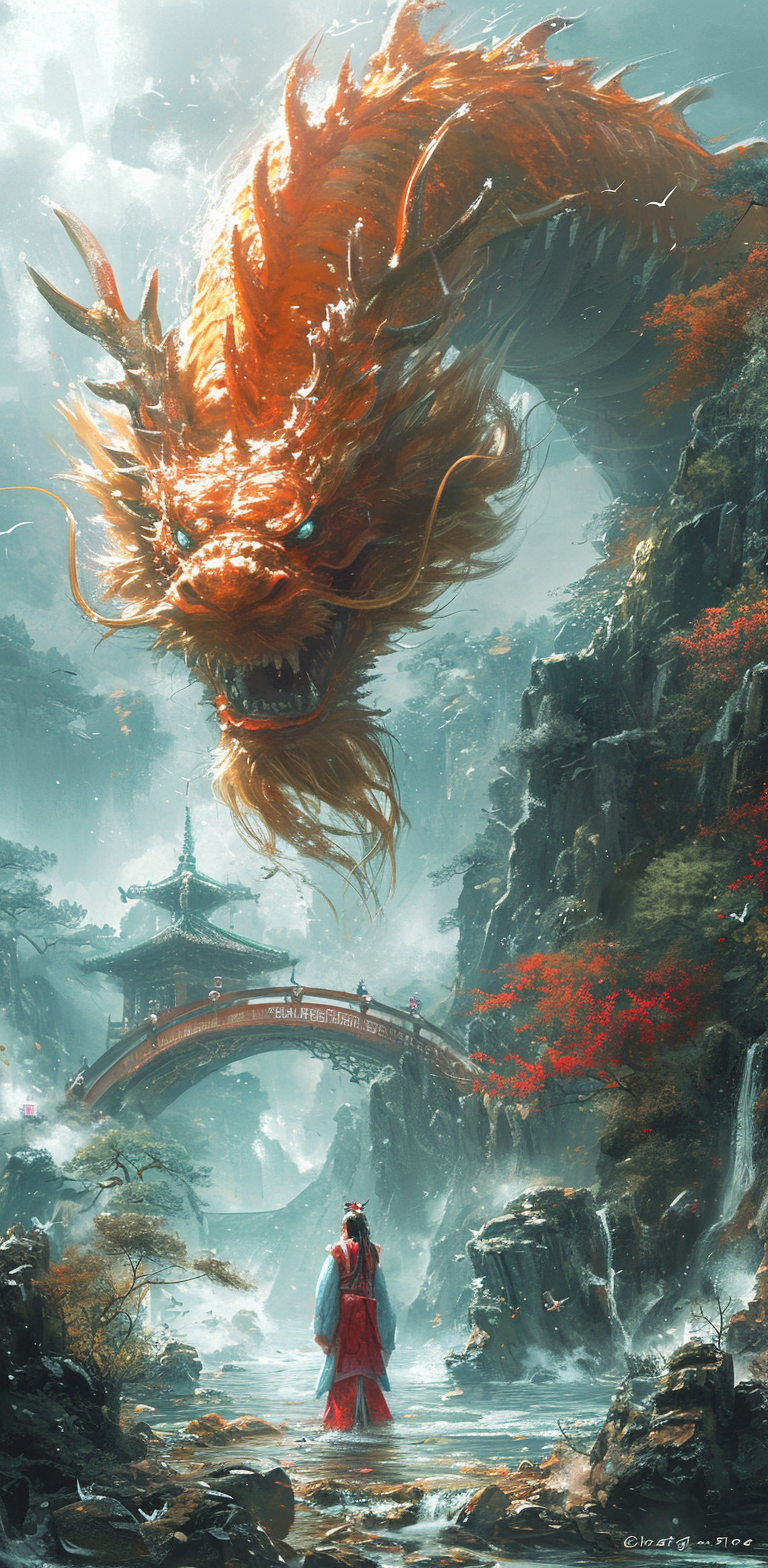 AI generated: Midjourney prompt: a Chinese woman is in a river with an orange drago... (Midjourney - Concept Art)