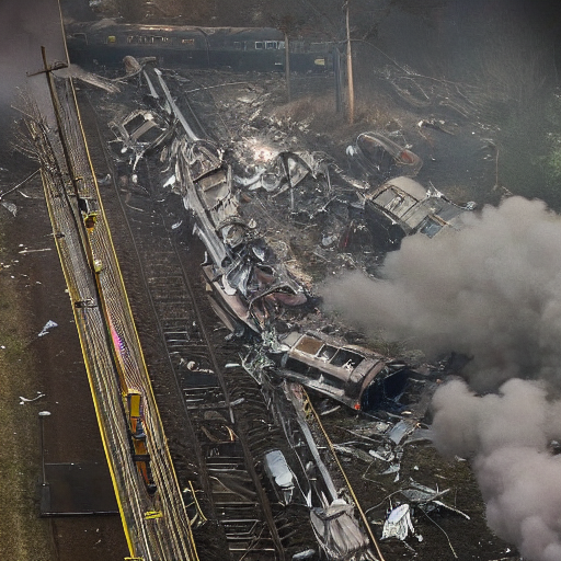Stable Diffusion prompt: Train crash :: 150 cars :: 20 e...